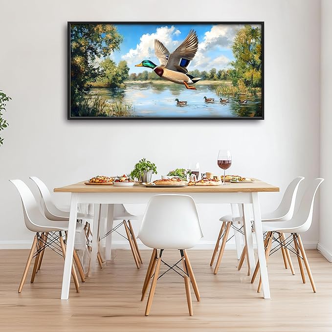 Farmhouse Duck Large Wall Art Framed Rustic Wall Decor for Living Room Lake Duck Hunting Pictures Oversized Canvas Print Painting Modern Extra Large Framed Artwork for Bedroom Office 60"x30"