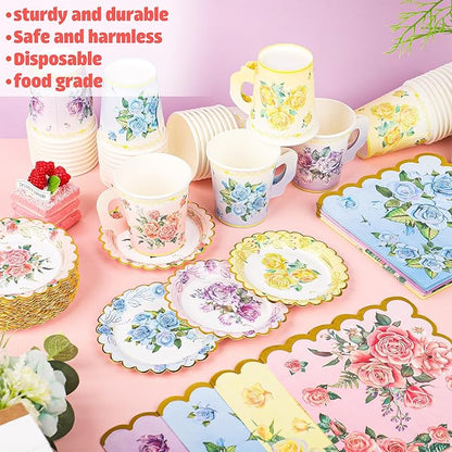 40 Set Floral Tea Cups and Saucers Disposable Tea Party Supplies Colorful Flower Teacups with Handle and Paper Napkins Dinnerware Set for Floral Theme Tea Party Birthday Wedding Bridal Shower Supply
