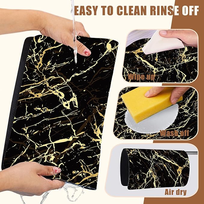 Dish Drying Mat Black and Gold Marble Coffee Bar Mat for Countertop Absorbent Rubber Backed Hide Stain Dish Drainer Rack Pad Coffee Maker Espresso Machine Dining Room Decoration 11.8 x 19.7 Inch