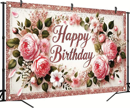 Happy Birthday Backdrop Rose Gold Glitter Peony Floral Banner Birthday Party Decorations Photography Background for Women Girls Wedding Baby Shower Decor Photo Booth Supplies 6x4ft