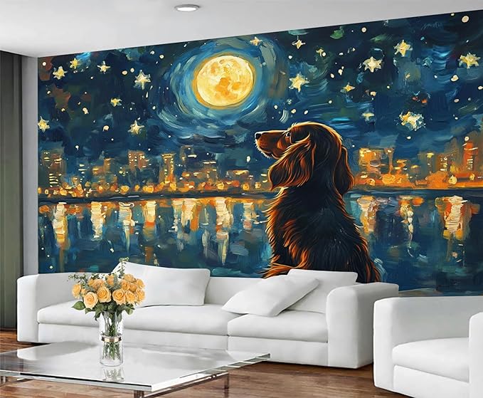 Dog and Moon Night Sky Wall Mural, Starry Night Cityscape 3D Wall Murals, Nighttime Dog Reflection Wallpaper Mural, for Living Room Bedroom Large Wallpaper Indoor Decor 157.5" W x110.3 H
