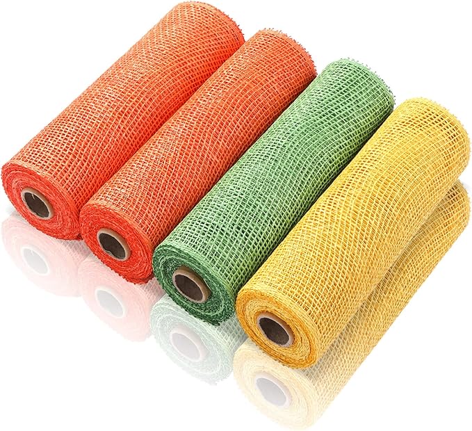 Chuangdi 4 Rolls Fall Poly Burlap Mesh Poly Burlap Deco Ribbon Mesh Roll for Autumn Thanksgiving Easter DIY Flower Wreath Garland, 10 Inch