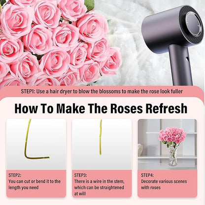 20PCS Artificial Roses with Long Stems - Realistic Silk Flowers, Fake Roses Real Touch Bouquet of Roses for Home Decor, Bridal Wedding Party Table Centerpieces, Bulk Faux Rose Flowers (Pink)