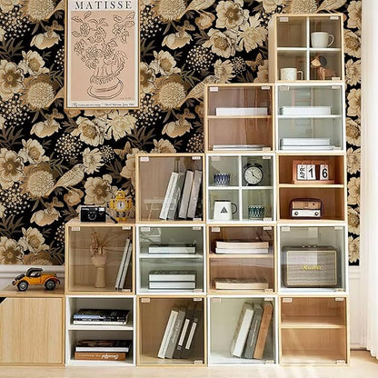 Floral & Birds Peel and Stick Wallpaper Antique Gold Black Self Adhesive Removable Floral Wallpaper for Bedroom Renter Friendly Floral Contact Paper for Bedroom Bathroom Walls Shelf Liner 17.7"x236.2"