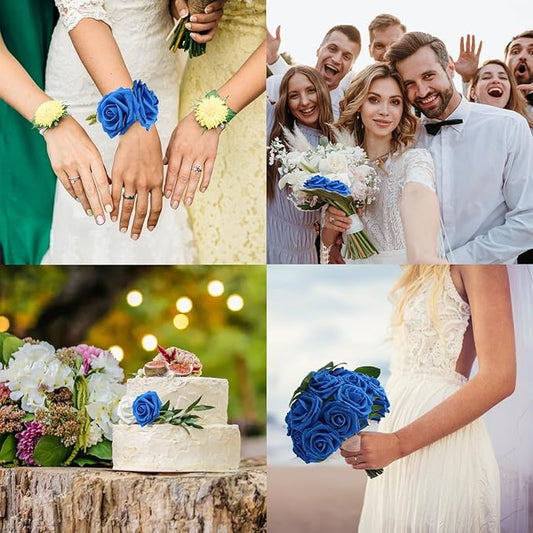 JOYLEX 100Pcs Royal Blue Artificial Flowers Realistic Roses, Real Looking Fake Roses with Stem for DIY Wedding Bouquets Centerpieces Bridal Shower Party Home Romantic Decorations (Blue, 100pcs)