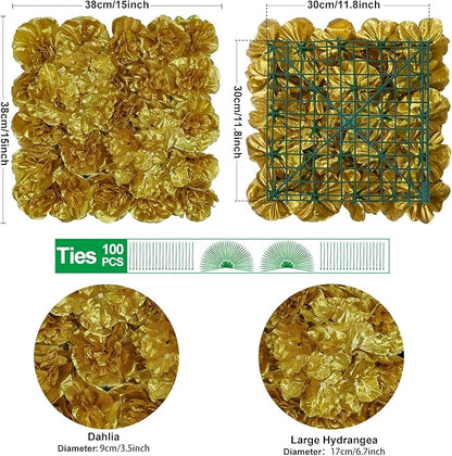 Autumn Collection Artificial Fall Flower Wall Panels - 12-Piece Set of 15x15inch Gold Silk Roses Flowers Wall Backdrops for Fall Weddings Thanksgiving Background and Seasonal Home Elegance
