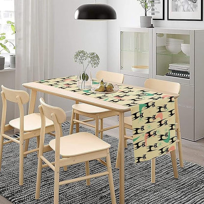 Mid Century Table Runner,Cat Geometric Stripe Colorful Abstract Pattern Print Tablecloth Burlap for Hotel Indoors Outdoor Dining Room Kitchen Holiday Party, 13x60in