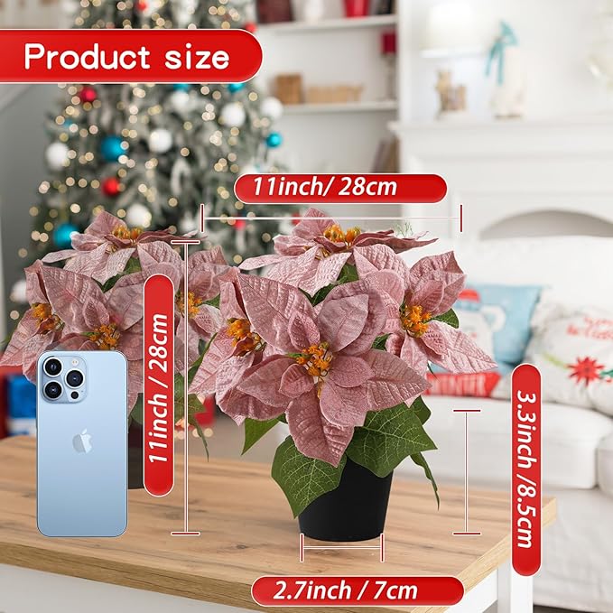 Poinsettias Flowers Artificial 2 Pack Pink Faux Christmas Poinsettia Plant Small 11 Inch Winter Flowers for Home Office Table Decorations Indoor Xmas Ornament