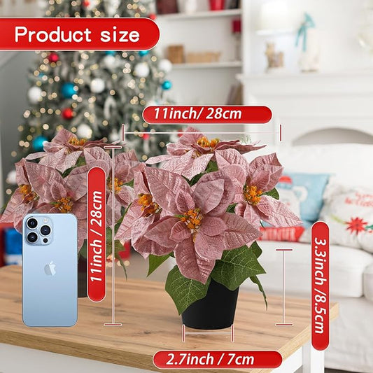 Poinsettias Flowers Artificial 2 Pack Pink Faux Christmas Poinsettia Plant Small 11 Inch Winter Flowers for Home Office Table Decorations Indoor Xmas Ornament