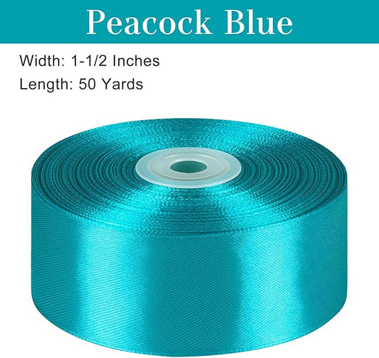 1-1/2 Inches 50 Yards Peacock Blue Satin Ribbon, Solid Fabric Ribbon Roll for Flower Bouquets, Gift Wrapping, Wedding, Handmade Crafts