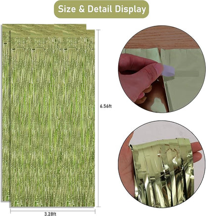 TONIFUL 3Pcs Light Green Door Streamers,Green Photo Booth Backdrop,Metallic Streamers Green Foil Fringe Curtains for Birthday,Christmas,New Year,St. Patrick's Day Party Streamers Decor