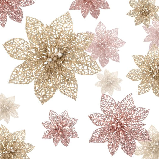 Boao Champagne,Rose Gold 24 Pieces Poinsettia Flower Christmas Glitter Artificial Poinsettia with Clips Christmas Tree Ornament Decorations for DIY Xmas Wreath Holiday Home Party Decor, 3/4/6 Inches