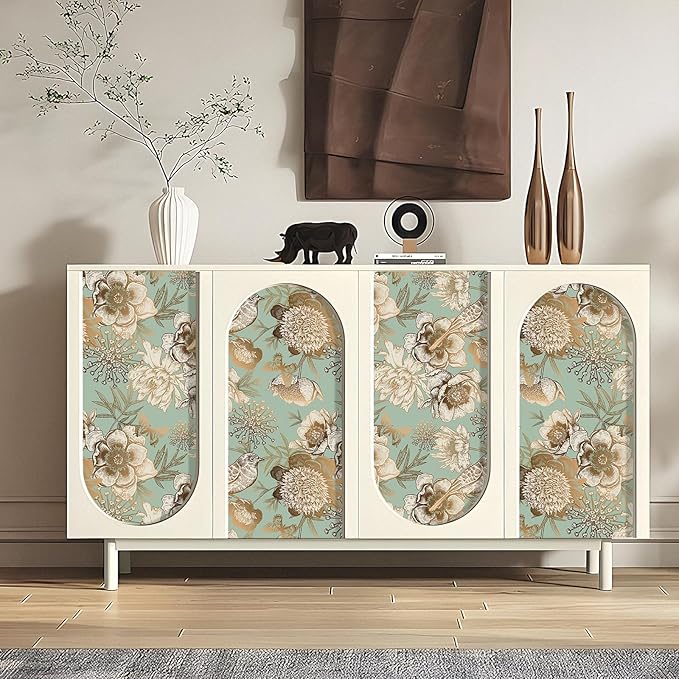 Decotalk Green Floral Wallpaper Floral Peel and Stick Vintage Flowers Wall Paper for Bedroom Bathroom 17.5"x120" Green/Gold Wall Paper Florals Flower Bird Wallpaper Removable Flower Cover Vinyl