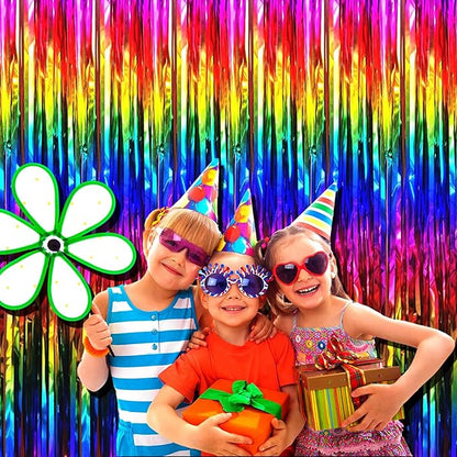 4 Pack Rainbow Tinsel Foil Fringe Curtain Backdrop, 3.28Ft x 8.2Ft Colorful Metallic Streamers for Photo Booth Props Wedding Bridal Shower Bachelorette Birthday Halloween Christmas Party Decoration