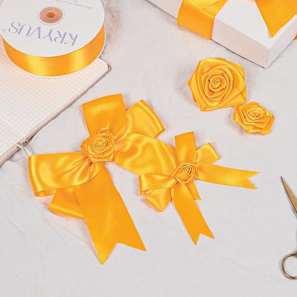 Yellow Gold Satin Ribbon, Double Faced 1 Inch X 50 Yards Yellow Gold Ribbon, Premium Satin Ribbon for Gift Wrapping, Crafts, Hair Bow Making, Sewing, Flower Bouquet, Wedding Party Decor