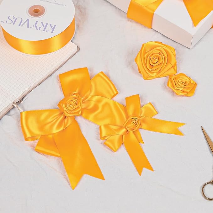 Yellow Gold Satin Ribbon, Double Faced 1-1/2 Inch X 25 Yards Yellow Gold Ribbon, Premium Satin Ribbon for Gift Wrapping, Crafts, Hair Bow Making, Sewing, Flower Bouquet, Wedding Party Decor