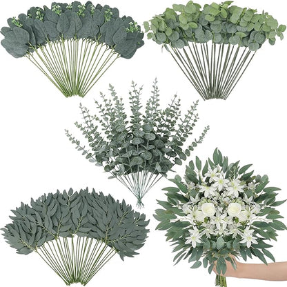 120 Pcs Artificial Eucalyptus Stems, 4 Kinds Mixed Faux Greenery Stems Fake Silver Dollar Eucalyptus Leaves Bundle for DIY Bouquets Centerpiece Spring Floral Arrangement Wreath Home Wedding Decor