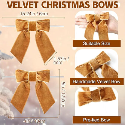 30 Pcs Velvet Ribbon Bows 5" x 4" Pre Tied Christmas Velvet Bows with Twist Tie for Gift Packaging Christmas Tree Wreaths Door Windows Wedding Party Decoration (Golden Brown)