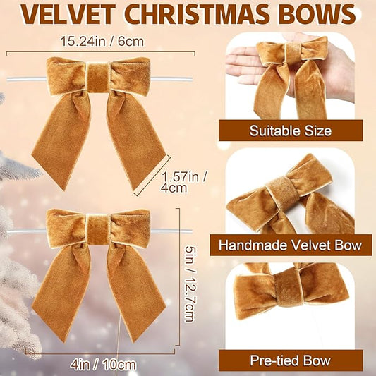 30 Pcs Velvet Ribbon Bows 5" x 4" Pre Tied Christmas Velvet Bows with Twist Tie for Gift Packaging Christmas Tree Wreaths Door Windows Wedding Party Decoration (Golden Brown)