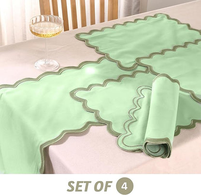 Folkulture Christmas Placemats – Set of 4 (13 x 19 Inches) | 100% Cotton Scalloped Sage Green Placemats | Heat Resistant Table Mats for Christmas Decorations and Xmas Dining Table Décor