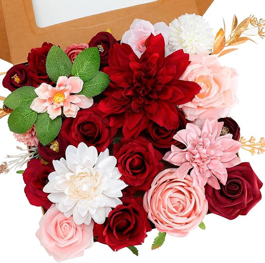 Senseya Artificial Flowers Combo, Dark Pink Silk Roses, Peonies, Dahlias with Stems for DIY Wedding Bouquets, Baby Shower, Table Centerpieces, Home Decor, Fake Floral Arrangements, Party Decorations