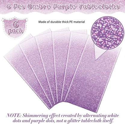 6 Pack Ombre Plastic Tablecloth for Parties, Gradient Pastel Purple Disposable Tablecloths for Rectangle Tables, Sprinkle Table Cover for Wedding Birthday Anniversary Party, 54 x 108Inch