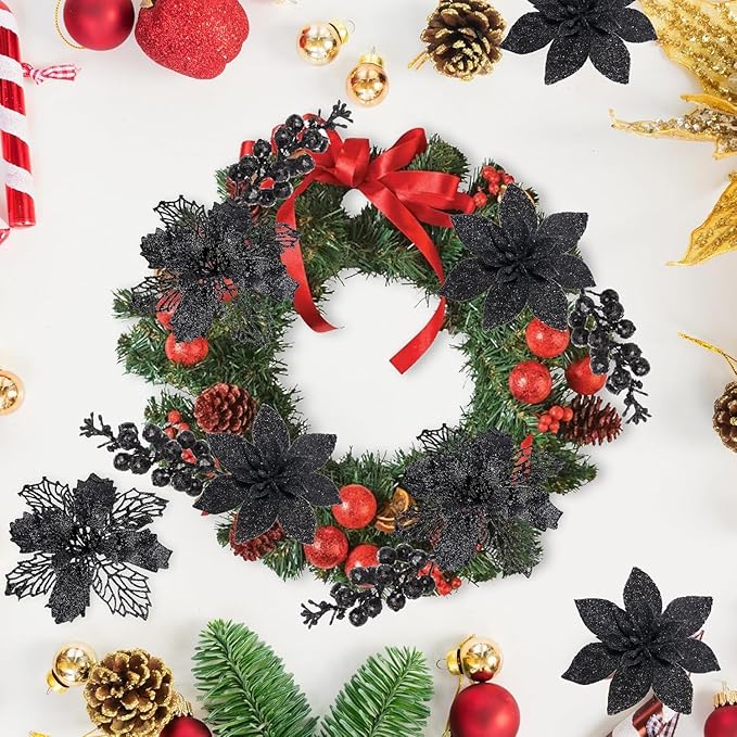 24Pcs Black Glitter Poinsettia Christmas Tree Ornaments and Glitter Berries Stems, 16Pcs Christmas Artificial Flowers and 8 Pack Christmas Tree Picks for Wedding Holiday Decorations