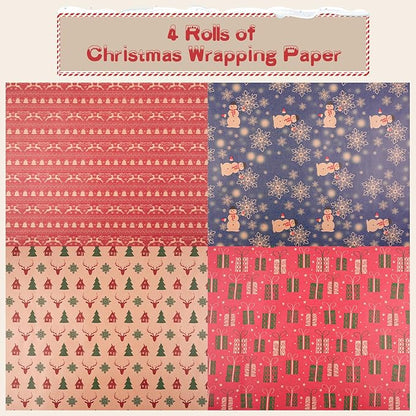 Happypapa Christmas Wrapping Paper, Kraft Xmas Wrapping Paper Rolls - Jingle Bell, Reindeer, Gift and Snowflakes Pattern - 4 Rolls - 17 Inch × 120 Inch Per Roll
