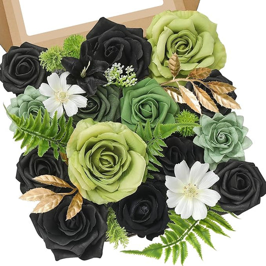 Serwalin Green Artificial Flowers, Black Silk Fake Flowers Greenery Stems for DIY Wedding Bridal Bouquets, Wedding Cake Flowers for Table Centerpieces Baby Shower Birthday Party Home Decorations