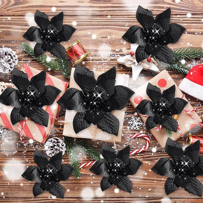 WILLBOND 24 Pcs 3 Size Poinsettia Flower Artificial Christmas Decor Glitter Poinsettia Christmas Ornaments Faux Flowers for Xmas Tree Outdoor(4/6/7.9 Inches,Black)