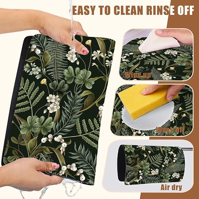 White Flowers and Berries Coffee Mat Fern and Leaves Dish Drying Mat Absorbent Hide Stain Rubber Backed Coffee Bar Accessories Fit Under Espresso Machine Dish Drainer, 11.8 x 19.7 Inch
