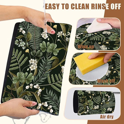White Flowers and Berries Coffee Mat Fern and Leaves Dish Drying Mat Absorbent Hide Stain Rubber Backed Coffee Bar Accessories Fit Under Espresso Machine Dish Drainer, 11.8 x 19.7 Inch