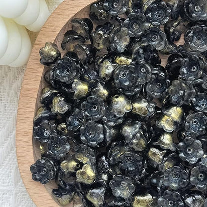 LadayPoa 100pcs Glass Bellflower Beads for Jewelry Making Trumpet Flower Beads Gradient Clear Cute Beads for Bracelets Making Aesthetic Bead Charms for DIY Necklace Decoration-Black Gold