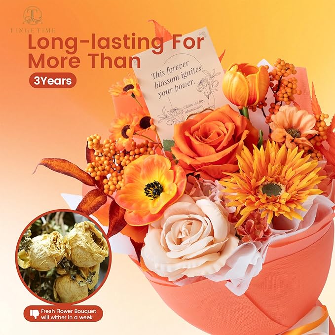 Orange Preserved Flowers Bouquet, Gift Bouquet for Women, Eternal Fake Flower Gift for Christmas Anniversary Birthday Home Décor