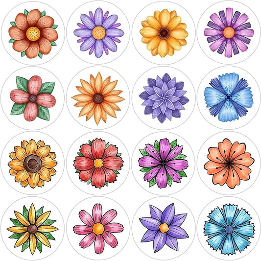 600 Pcs Flowers Stickers for Kids 1.5 Inch 16 Styles Round Flowers Stickers Roll for Girls Boys Flowers Party Favors Birthday Decoration Supplies Teachers Student Classroom Reward