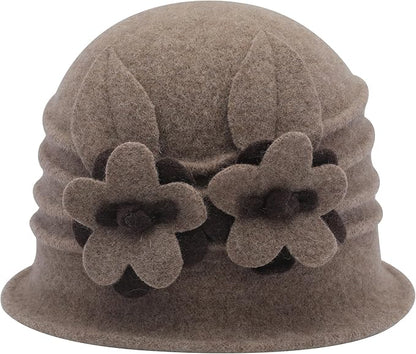 ZLYC Women Wool Cloche Bucket Hat 1920s Vintage Dress Winter Hats with Flower Accent