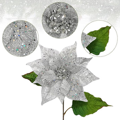 10" Poinsettia Flower Artificial for Christmas Tree Decor, 3 Pcs Faux Glitter Poinsettias Stems for DIY Xmas Wreath & Garland, Christmas Ornaments for Home Party, Holiday & Wedding Decorations, Silver