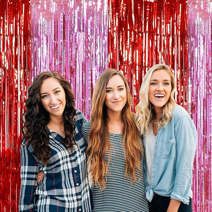TONIFUL Valentine's Day Door Streamers,Red and Pink Photo Booth Backdrop Metallic Streamers Foil Fringe Curtain for Birthday Valentine's Day Bridal Shower Engagement Party Decoration