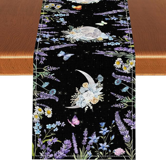 Boho Floral Table Runner, Spring Gothic Moon Phase Wildflower Mystical Witchy Farmhouse Coffee Table Center Decor for Home Kitchen Dining Patio Holiday Party Table Decorations 13x36 inches