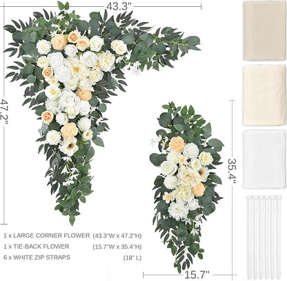 Artificial Wedding Arch Flowers Kit Pack of 5,2pcs Floral Swag Arrangement and 3pcs Fabric Drap for Wedding Ceremony Reception and Backdrop (Champagne and White)