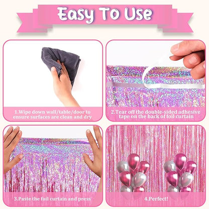 2 Pack Laser Pink Tinsel Foil Fringe Curtains, Mothers Day Pink Decorations, Metallic Tinsel Party Streamers Backdrop for Birthday Bachelorette Graduation Wedding Party Decorations