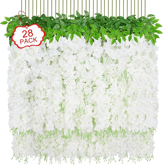 Yastouay 28 Pcs Wisteria Hanging Flowers, 3.77 Ft/Pcs Artificial Hanging Flowers, White Fake Wisteria for Wedding Party Backdrop Wall Home Decoration