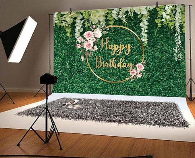 10x8ft Happy Birthday Backdrop Green Grass Flowers Wall Greenery Green Leaves Nature Botanical Photography Background Birthday Party Anniversary Portrait Studio Photo Props Polyester