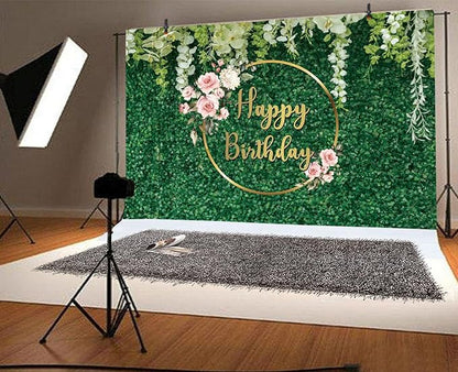 12x6ft Happy Birthday Backdrop Green Grass Flowers Wall Greenery Green Leaves Nature Botanical Photography Background Birthday Party Anniversary Portrait Studio Photo Props Polyester