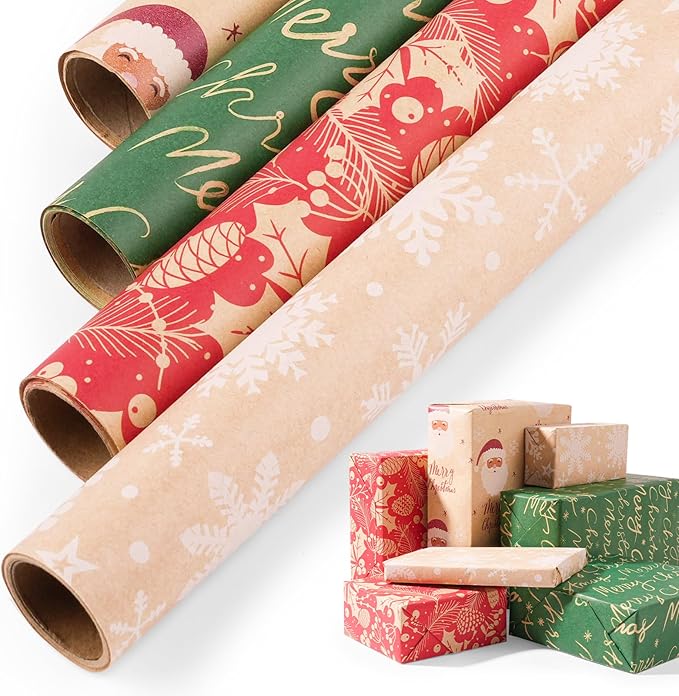 Happypapa Christmas Wrapping Paper, Kraft Xmas Wrapping Paper Rolls - Santa Claus, Trees, Snowflakes and Merry Christmas Pattern - 4 Rolls - 17 Inch × 120 Inch Per Roll