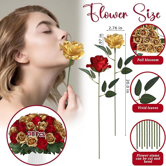 30pcs Fake Roses Artificial Silk Flowers Long Stems Bouquet for Wedding Bridal Shower Party Home Decoration (Burgundy + Gold)