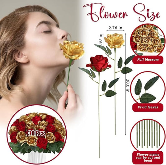 30pcs Fake Roses Artificial Silk Flowers Long Stems Bouquet for Wedding Bridal Shower Party Home Decoration (Burgundy + Gold)
