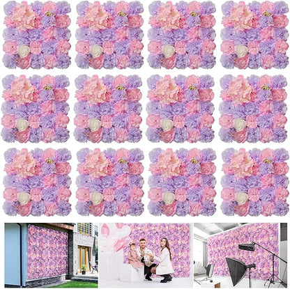 Flower Wall Backdrop12 pcs 16.5x16.5 Inch Floral Wall Panel Artificial Silk Rose Wall Decor Ideal for Wedding Celebrations, Festive Party Backdrops, and Home Decor-Pink and Purple