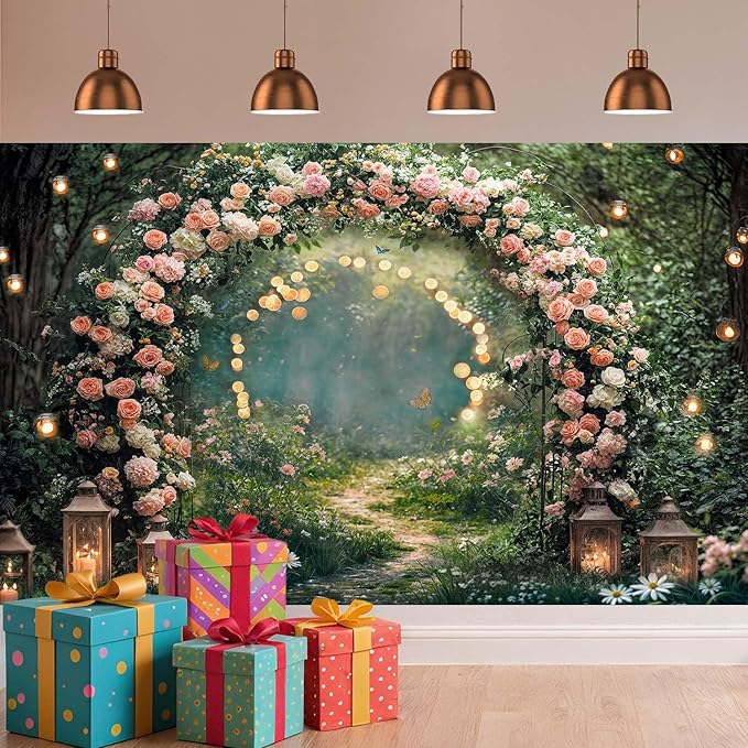 10x10ft Enchanted Forest Wedding Photography Backdrop Wonderland Roses Fairy Tale Backdrop Pink Flower Birthday Newborn Baby Shower Wedding Bridal Party Banner Photo Booth Props Anniversary Background