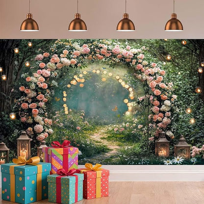 10x8ft Enchanted Forest Wedding Photography Backdrop Wonderland Roses Fairy Tale Backdrop Pink Flower Birthday Newborn Baby Shower Wedding Bridal Party Banner Photo Booth Props Anniversary Background